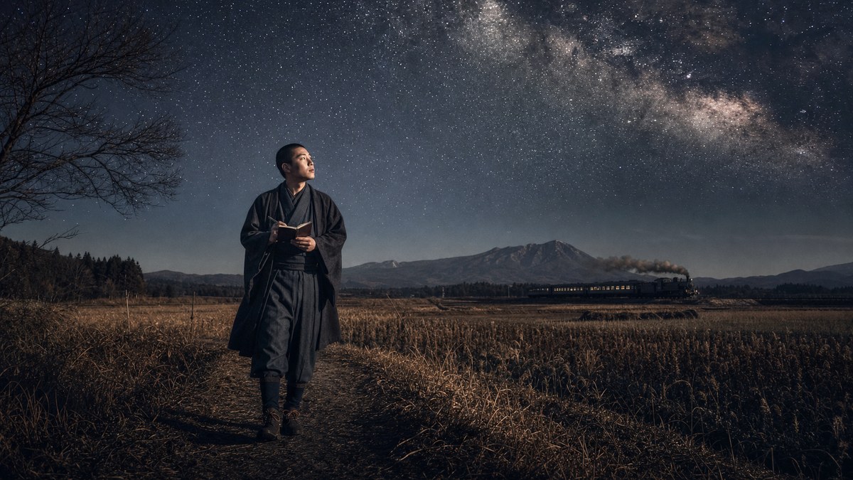 星空の下、枯れた田のあぜ道を歩きながら小さな手帖に鉛筆を走らせる和装の人物と、遠くの野を煙を上げて走る夜汽車を描いたイラスト