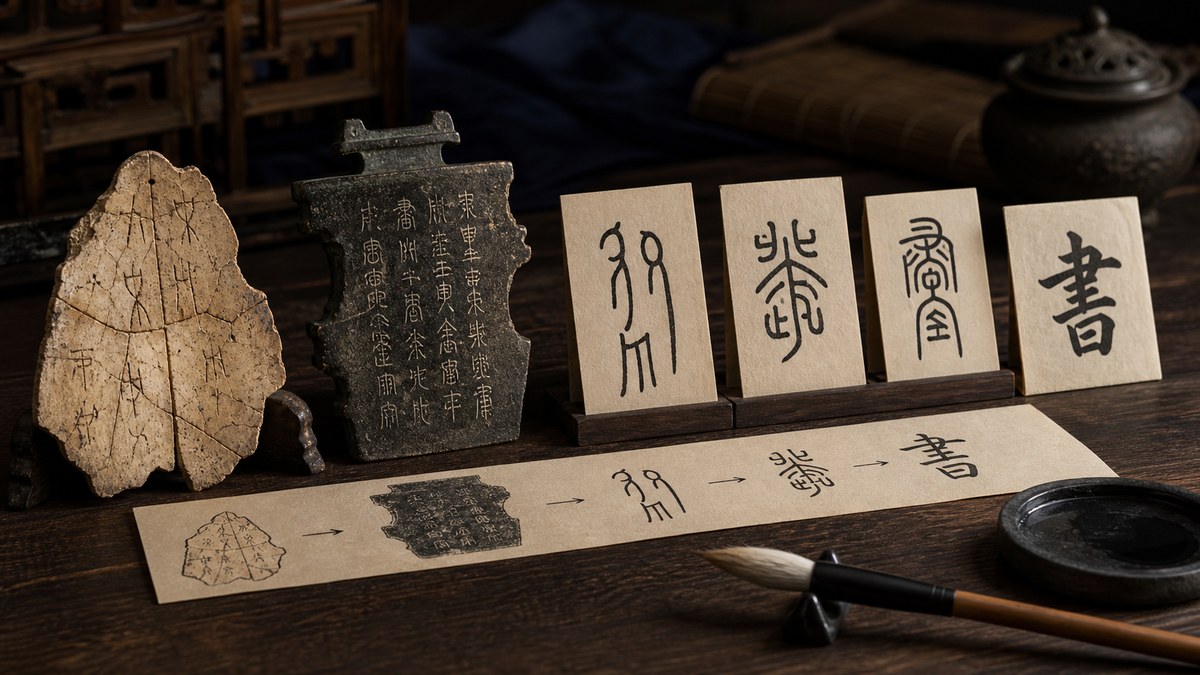 甲骨の破片と青銅器、篆書を記した札、そして楷書の「書」を机に並べ、字の形の移り変わりをたどった卓上の図。手前に筆と硯が置かれている
