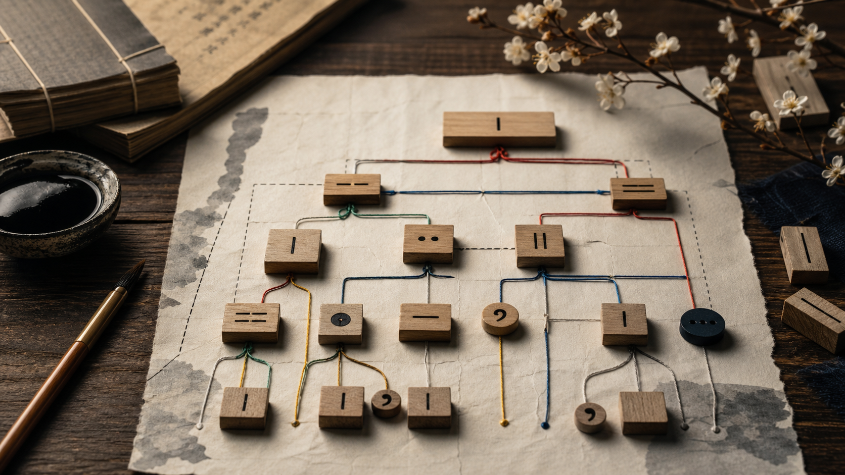 木の駒と色糸で組んだ文の構造図。頂点の駒から二股に枝分かれし、それぞれがさらに細かい駒へつながっている。和紙の上に置かれ、脇に筆と墨、和綴じの本、梅の枝が添えられている