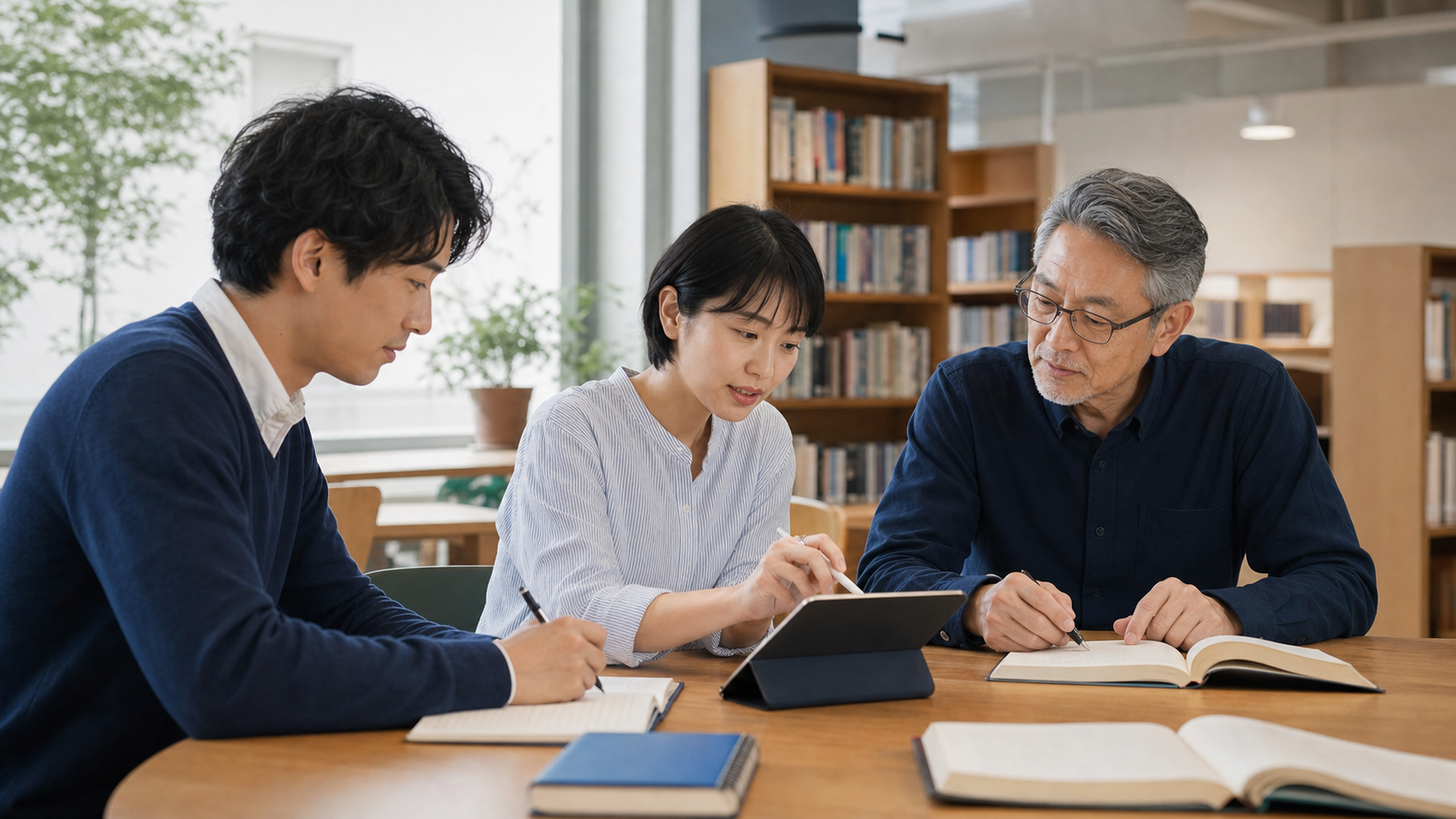 地域の図書館のような場所で、年齢の異なる大人たちが本や資料を手に学んでいる様子を描いたイラスト
