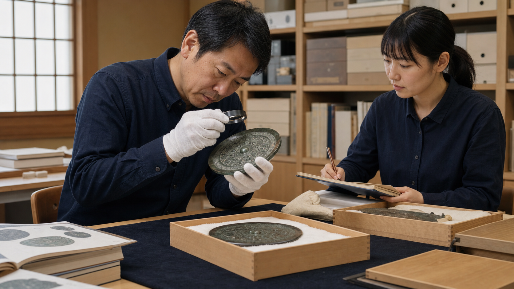 白手袋をつけた研究者が、緑青に覆われた円形の青銅鏡を虫眼鏡で調べている。木箱に収められた別の鏡もあり、隣で助手が記録を取っている