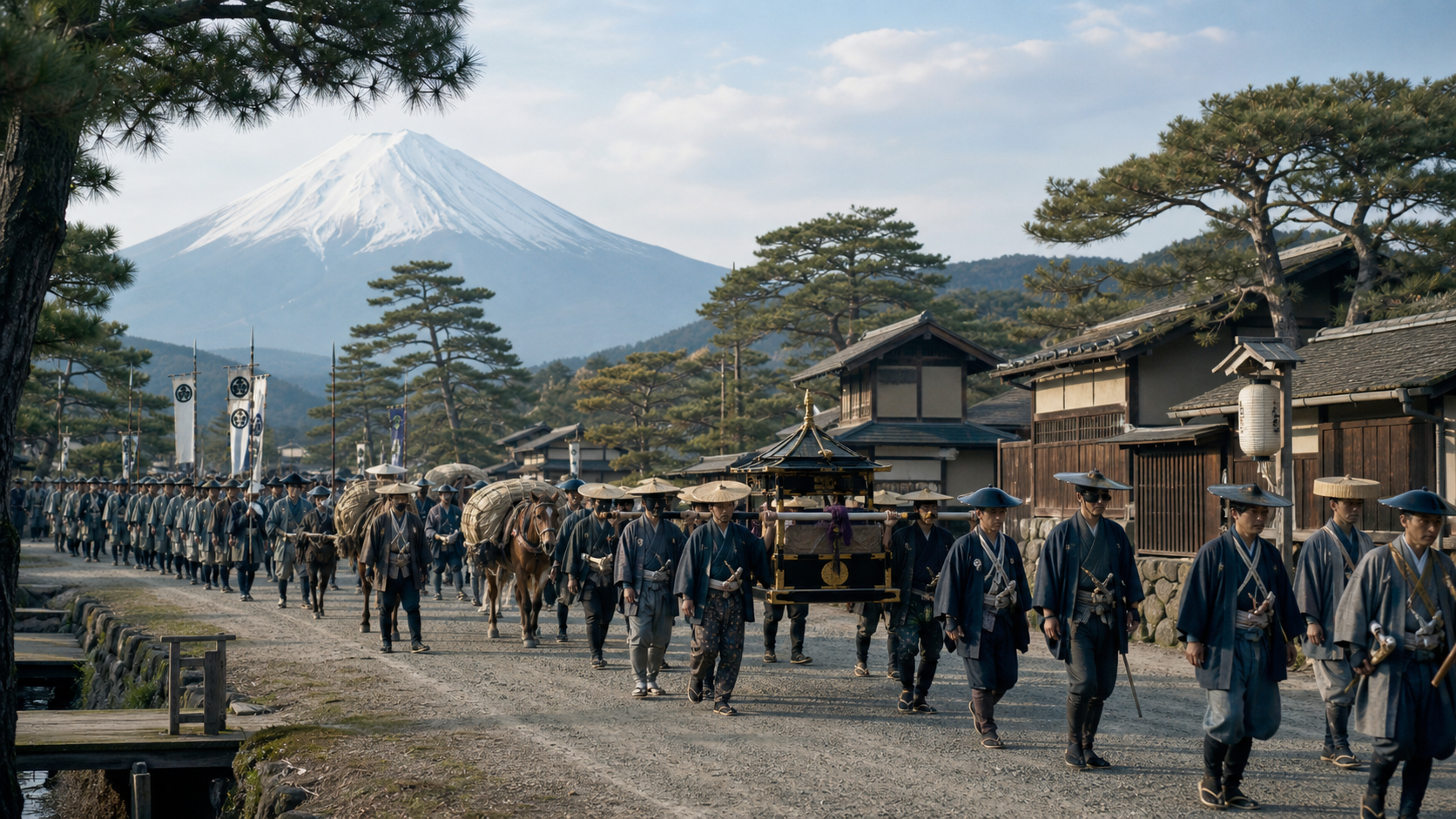 江戸時代の大名行列が街道を進む様子を描いたイラスト。槍を立て、長持を担ぐ供の列が続いている