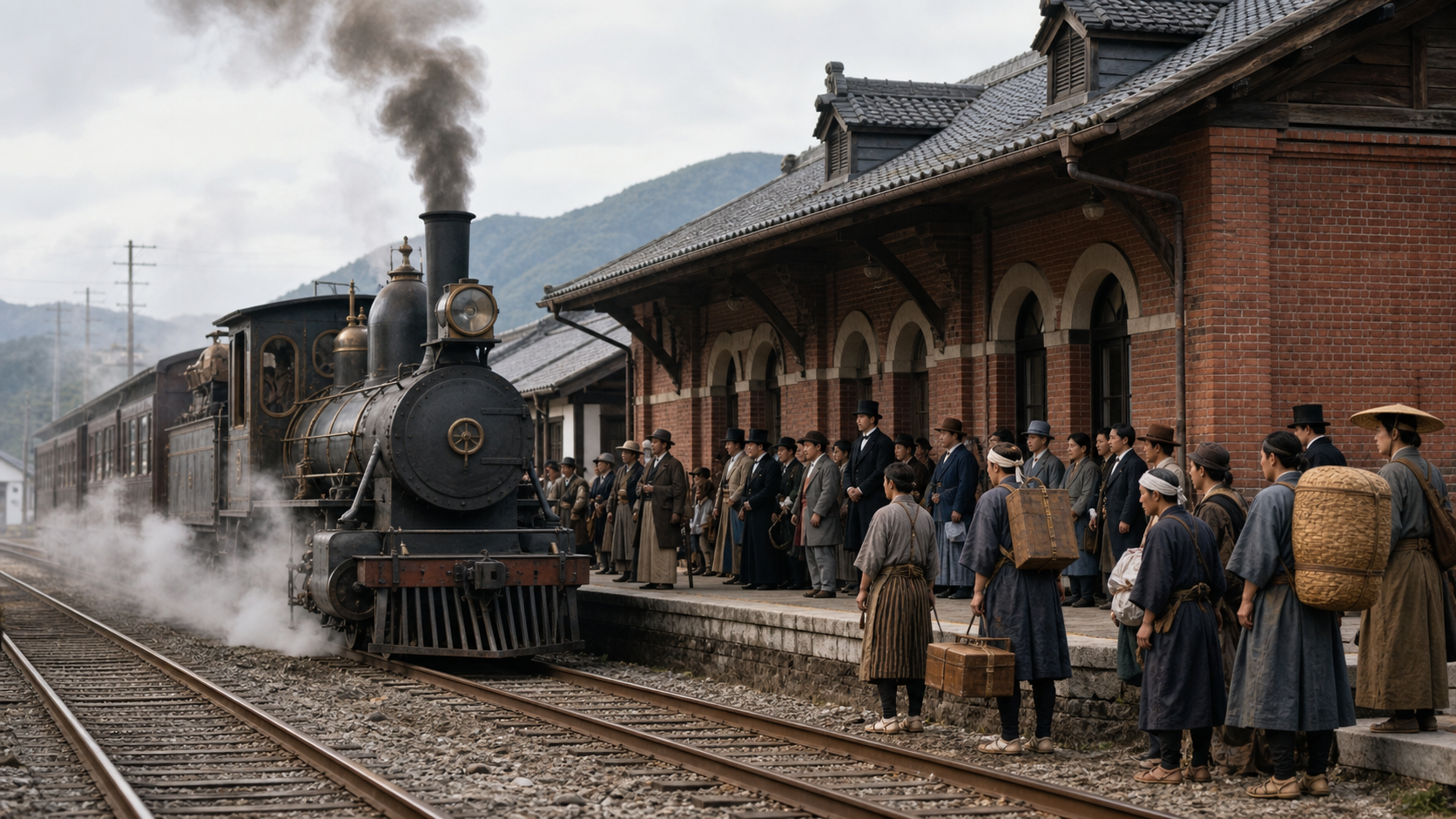 赤レンガの駅舎のホームに、洋装と和装の人々が並んで出迎える中、黒い蒸気機関車が白煙と黒煙を上げながら到着する