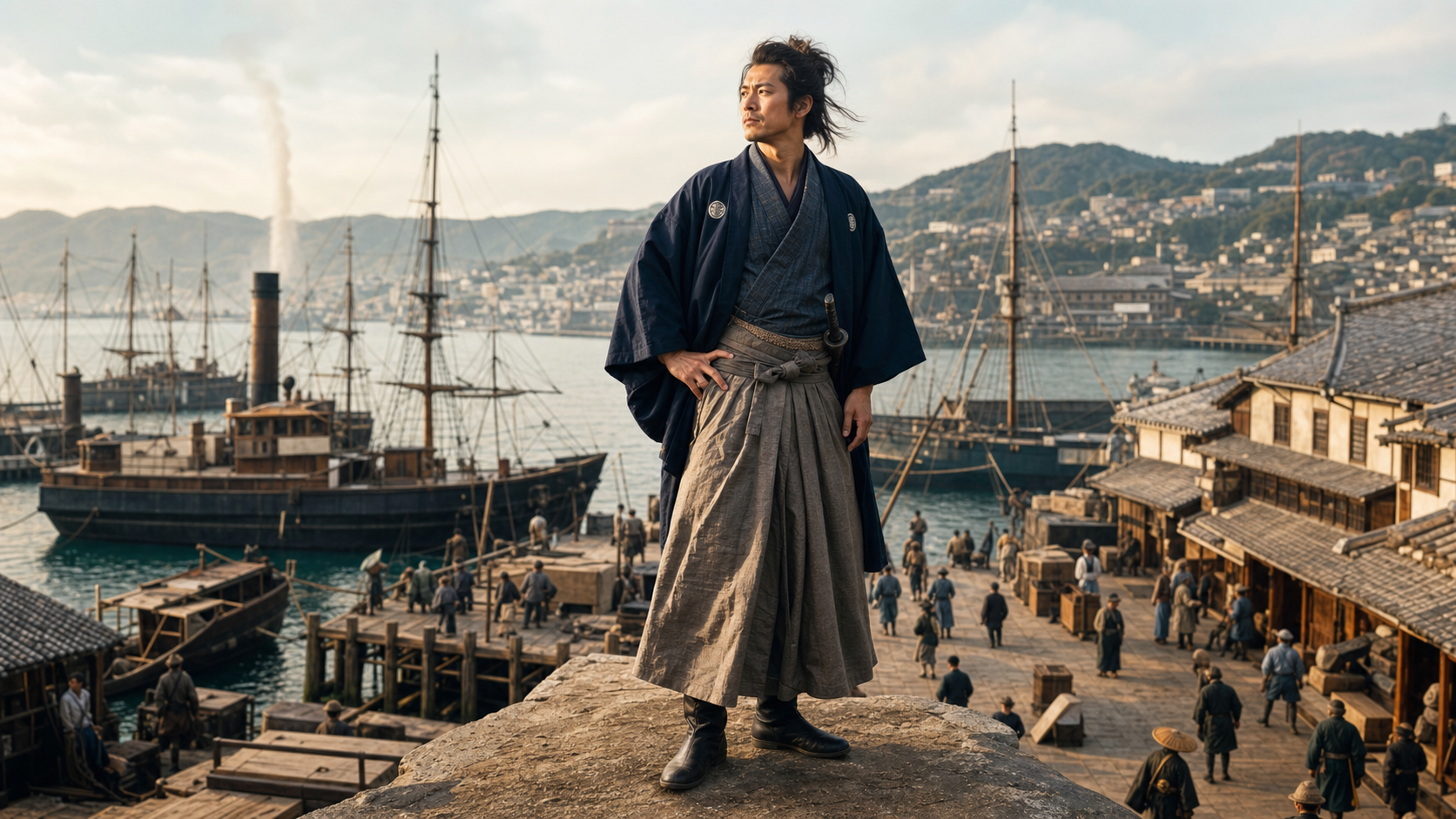 港を見下ろす高台に立つ、羽織袴姿の武士。眼下には蒸気船と帆船が停泊する港と、荷を運ぶ人々でにぎわう波止場が広がっている